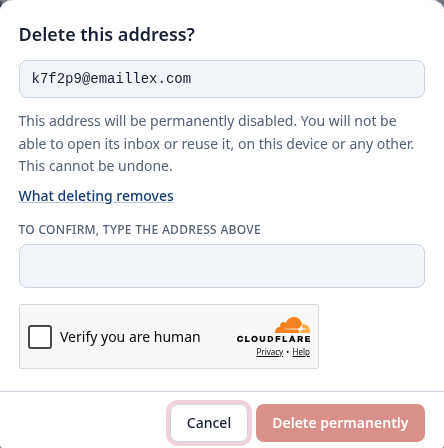 The "Delete this address?" window with the address printed at the top, an empty confirmation field, and the delete button disabled
