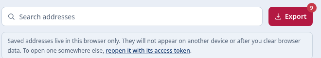The "Export" button on the "Saved addresses" page, with a badge showing how many addresses are saved