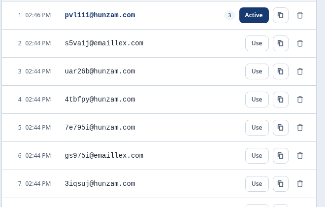 Each saved address on its own row with the time it was created, a copy button, and a delete button. An "Active" badge marks the one in use