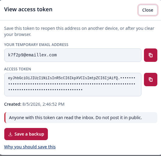 The "View access token" window, showing an address, a masked access token, and the "Save a backup" button